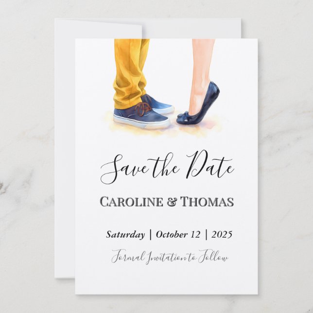 Casual Wedding Modern Script Couple Illustration  Save The Date (Front)