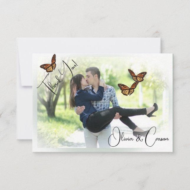 Casual Wedding Photo Velum edged Butterfly  Thank You Card (Front)
