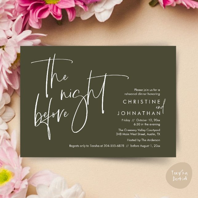 Casual Wedding Rehearsal Dinner, The Night Before Invitation (The night before, Casual Modern Wedding Rehearsal Dinner Invitation Card PDF Olive Green)