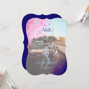 Casual Whimsical Pink Blue Glitter Photo Wedding Invitation