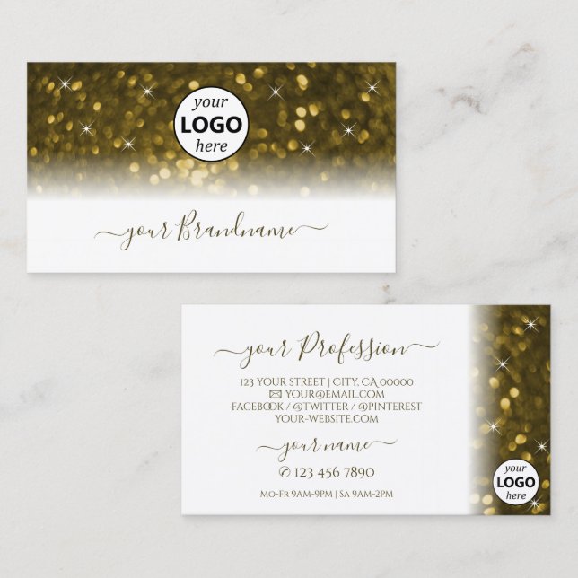 Casual White Gold Sparkling Glitter Stars Add Logo Business Card (Front/Back)