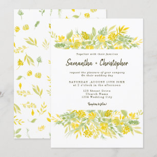Casual yellow green floral watercolor wedding invitation