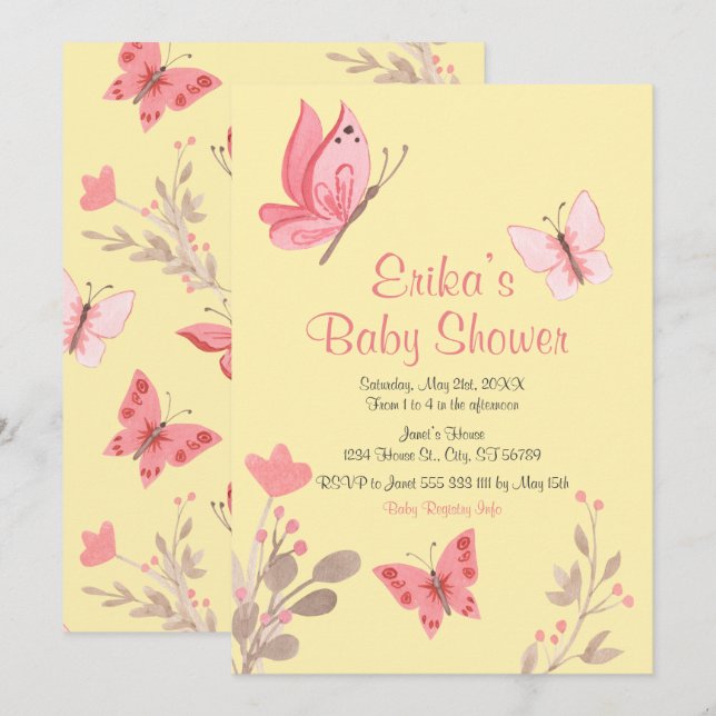 Casual Yellow Pink Floral Butterflies Baby Shower Invitation (Front/Back)