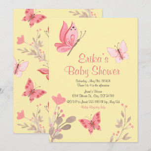 Casual Yellow Pink Floral Butterflies Baby Shower Invitation