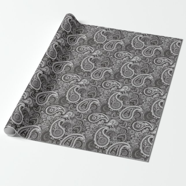Casual yet Elegant Black White Paisley Wedding Wrapping Paper (Unrolled)