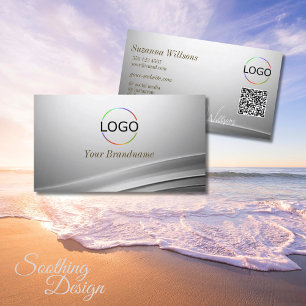 Casually Silver Curved Decor add Logo and QR Code Business Card