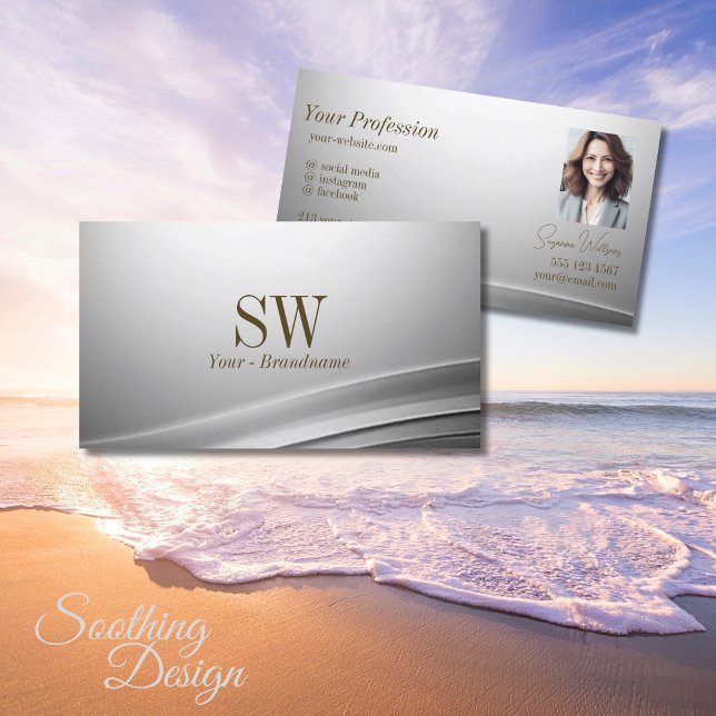 Casually Silver Curved Decor Monogram and Photo Business Card (Creator Uploaded)