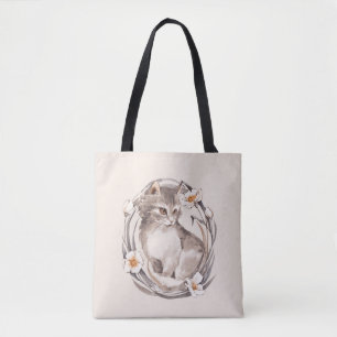 Cat 1. Grey fluffy kitten and flowers Tote Bag