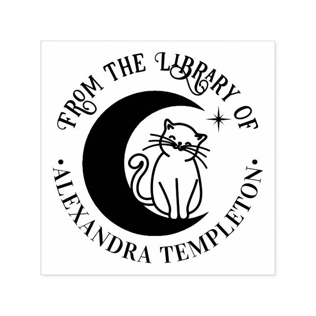 Cat #3 On a Crescent Moon Library Book Name Self-inking Stamp (Design)