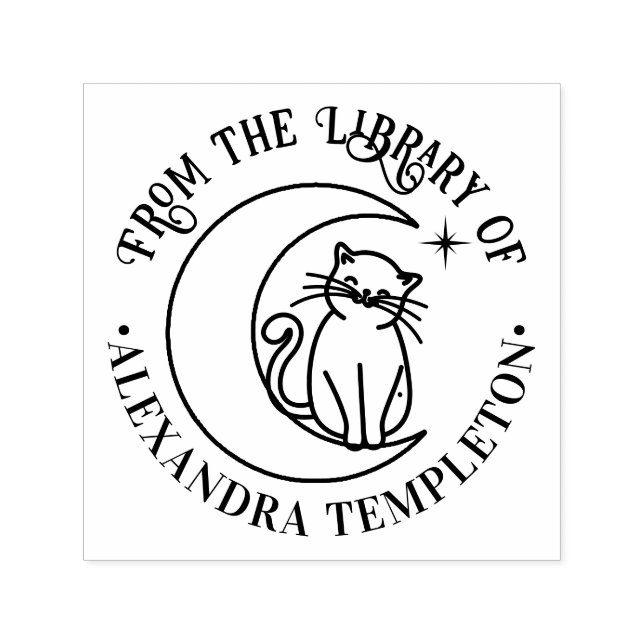 Cat #3B On a Crescent Moon Library Book Name Self-inking Stamp (Design)