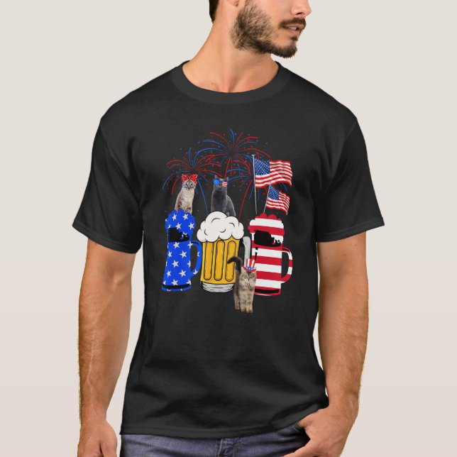 Cat 4th Of July Costumes Red White Blue Beer Glass T-Shirt (Front)
