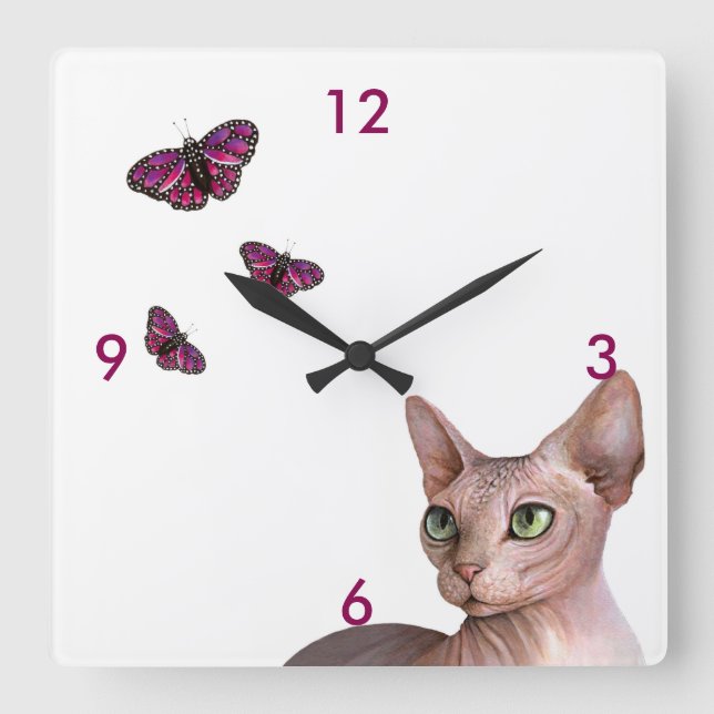 Cat 578 Sphynx Sphinx Cat Pink Butterfly Square Wall Clock (Front)