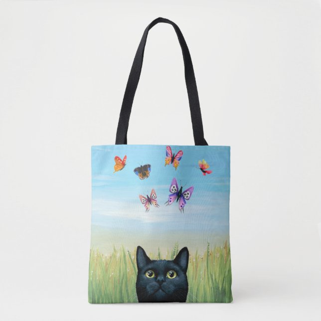 Cat 606 black cat butterflies tote bag (Front)