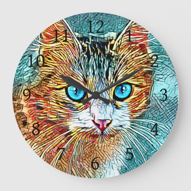 Cat 685 Turquoise Orange Large Clock (Front)