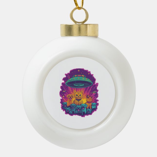 Cat Abduction Squad  Funny Alien Kitty Sci-Fi Ceramic Ball Christmas Ornament (Front)
