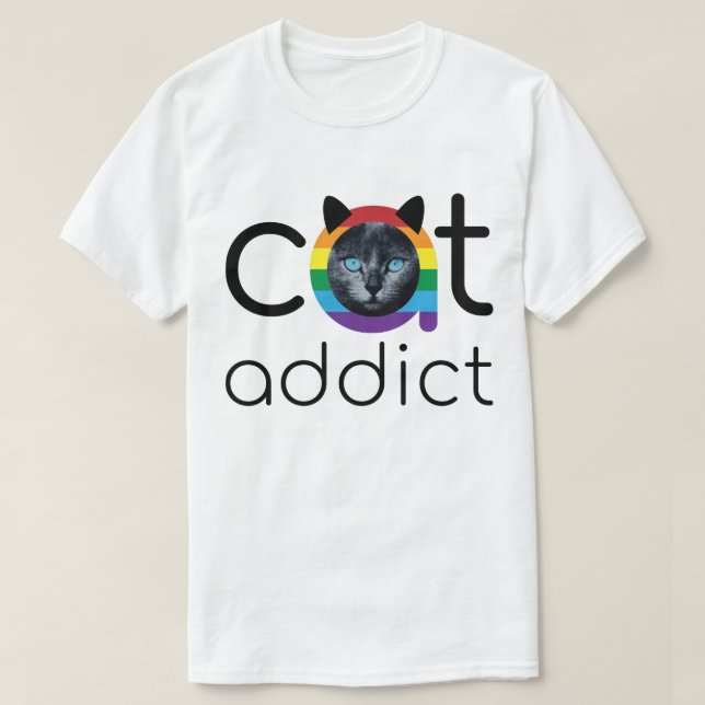 Cat Addict Black Rainbow Blue Eyes Artwork T-Shirt (Design Front)