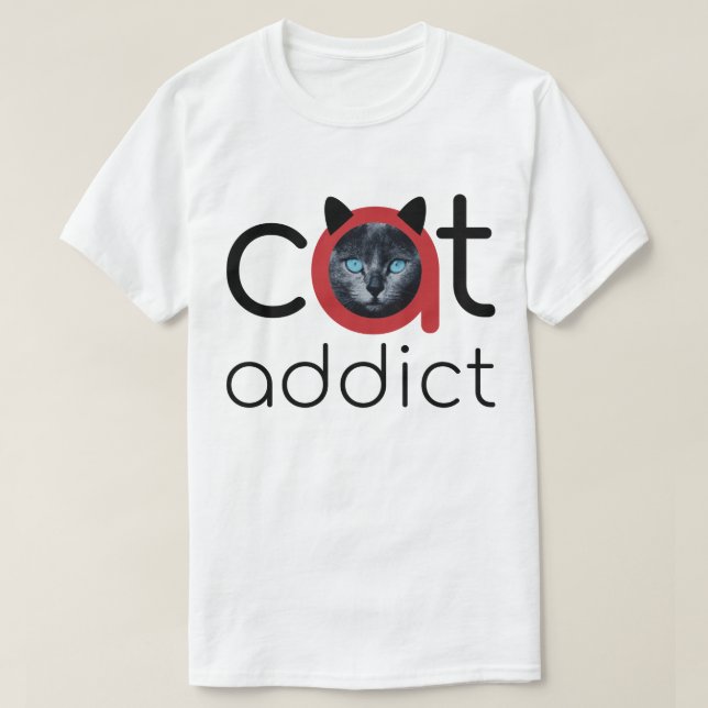 Cat Addict Black Red Blue Eyes Artwork T-Shirt (Design Front)