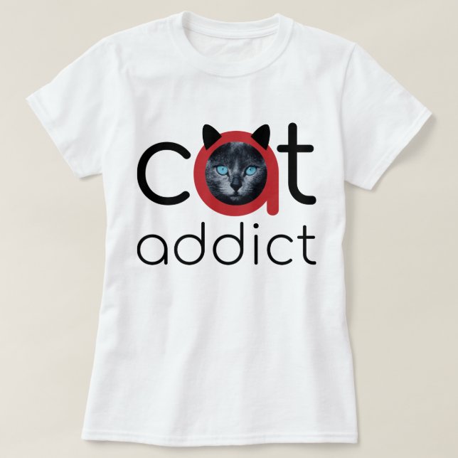 Cat Addict Black Red Blue Eyes Design T-Shirt (Design Front)