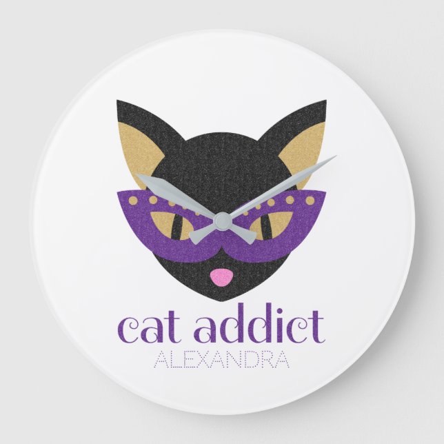 Cat Addict Cute Black Purple Gold Customised Name Large Clock (Front)