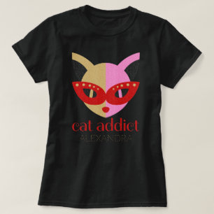 Cat Addict Cute Red Pink Gold Customised Name T-Shirt