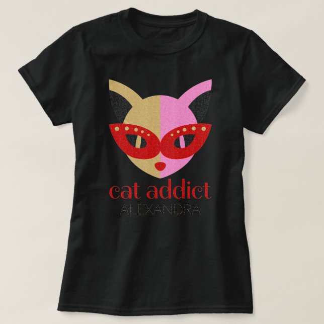 Cat Addict Cute Red Pink Gold Customised Name T-Shirt (Design Front)