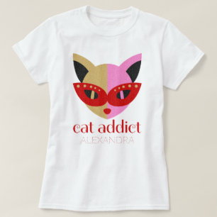 Cat Addict Cute Red Pink Gold Name Customised T-Shirt