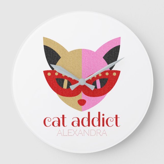 Cat Addict Cute Red Pink Gold Name Personalised Large Clock (Front)