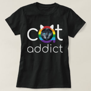Cat Addict White Rainbow Blue Eyes Design T-Shirt