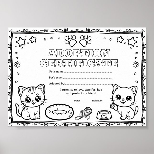 Cat adopt a pet colouring certificate poster (Front)