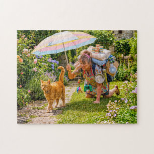 Cat Adventure With Overloaded Woman Jigsaw Puzzle