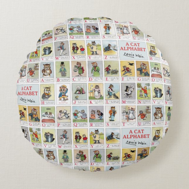 Cat Alphabet, Louis Wain Round Cushion (Front)