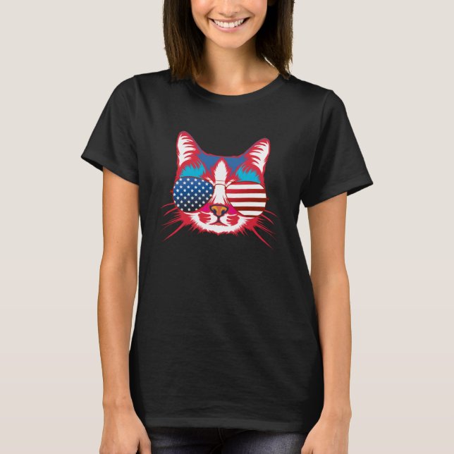 Cat  America Patriotic 4th July Independence Sungl T-Shirt (Front)