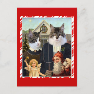 Cat American Gothic Christmas funny postcard