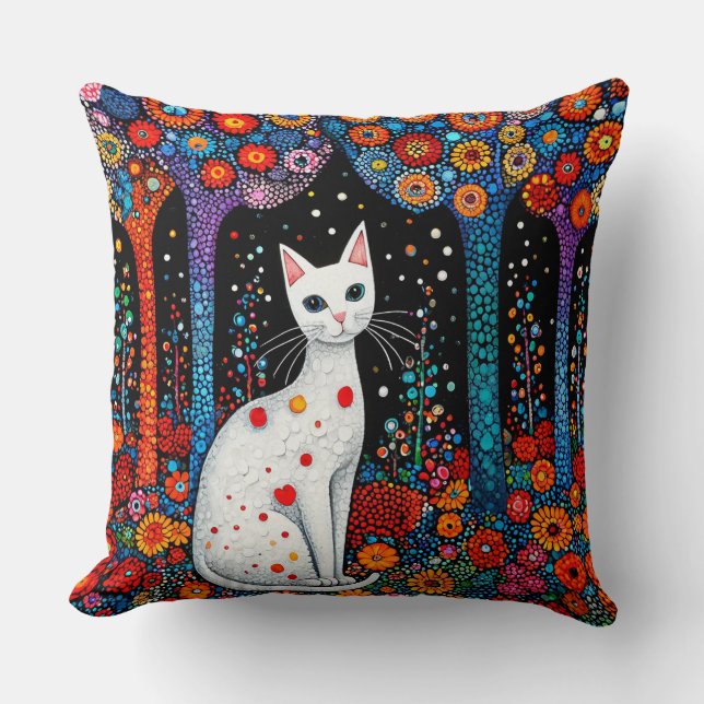 Cat Amid Colourful Abstract Floral Forest Scene Cushion (Front)
