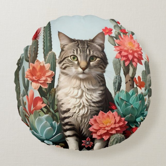 Cat Among the Cactuses | Cat Lovers  Round Cushion (Front)