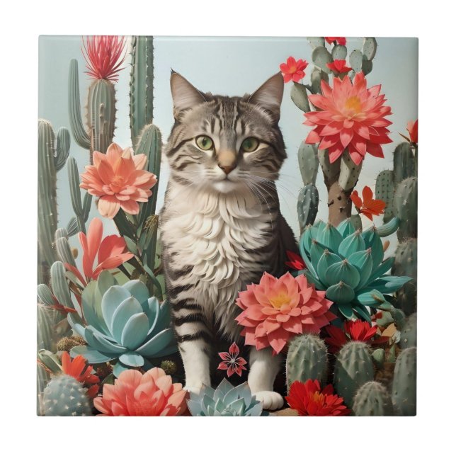 Cat Among the Cactuses | Cat Lovers  Tile (Front)