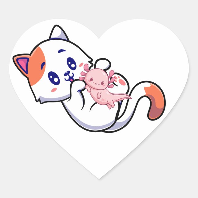 Cat and Axolotl Kawaii Neko Anime Heart Sticker (Front)