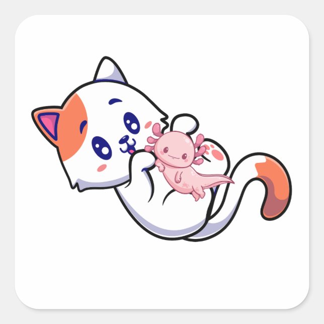 Cat and Axolotl Kawaii Neko Anime Square Sticker (Front)