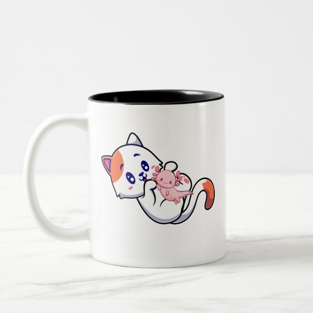 Cat and Axolotl Kawaii Neko Anime Two-Tone Coffee Mug (Left)