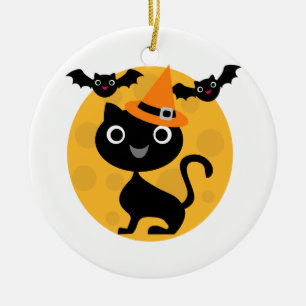 Cat and Bats Halloween T-shirts and Gifts Ceramic Tree Decoration