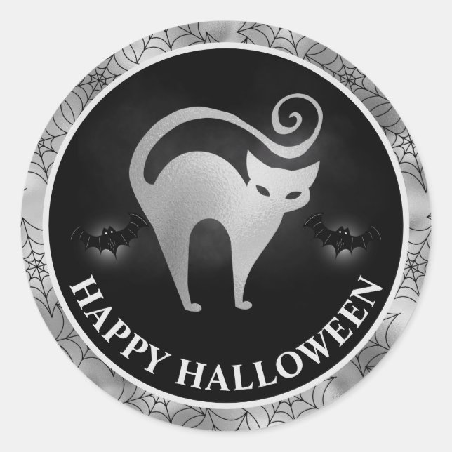 Cat and Bats Silver & Black Happy Halloween Classic Round Sticker (Front)