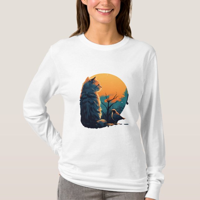 Cat And Bird  T-Shirt (Front)