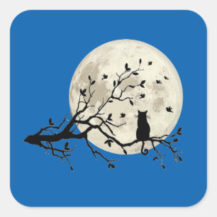 Cat and Birds with Tree Silhouette and Full Moon Square Sticker