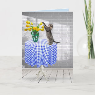 Cat and Birthday Yellow Tulips on Table Card
