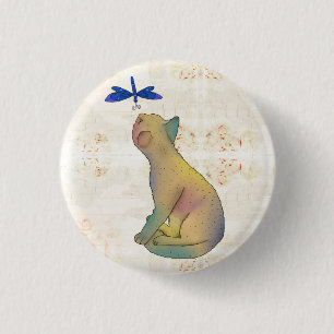 Cat and blue dragonfly 3 cm round badge