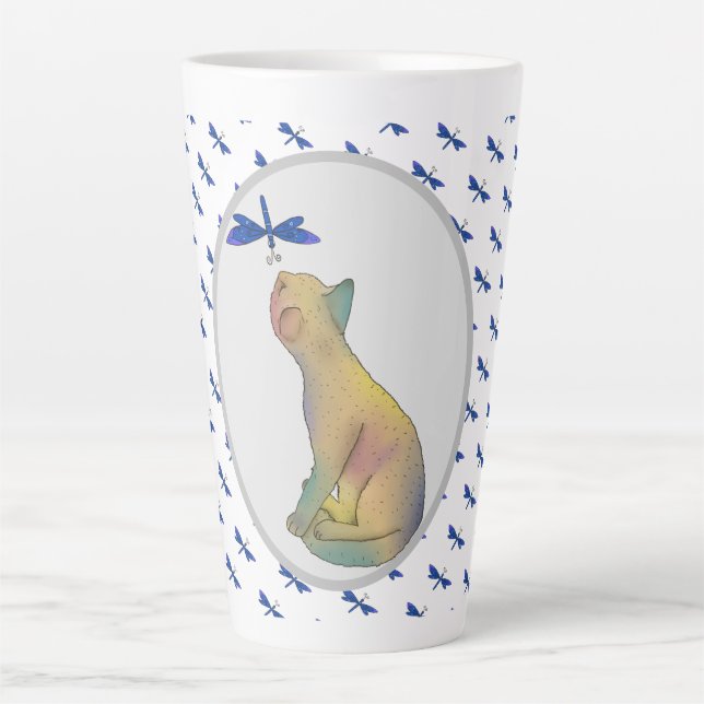 Cat and blue dragonfly latte mug (Front)