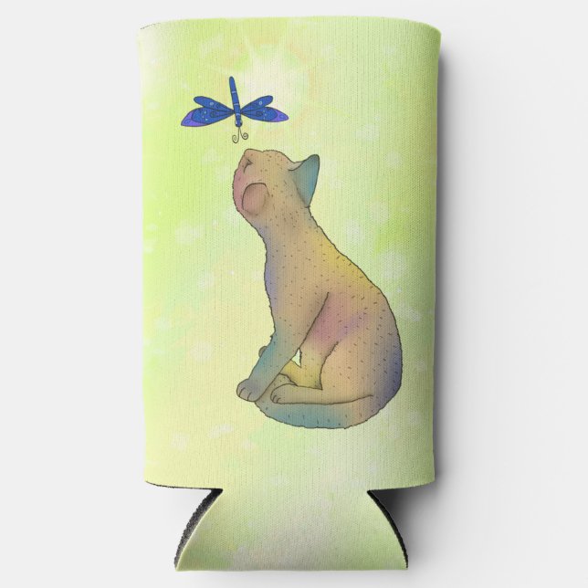 Cat and blue dragonfly seltzer can cooler (Front)