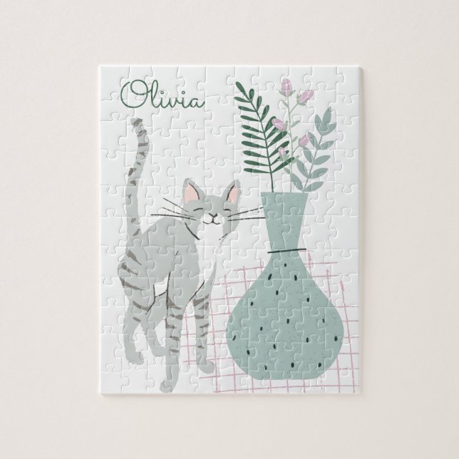 Cat and Boho Flowers Drawing Personalised Jigsaw Puzzle (Vertical)