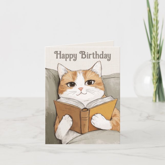 Cat and Book Birthday Card (Front)