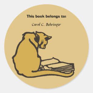 Cat and book, vintage bookplate customisable classic round sticker